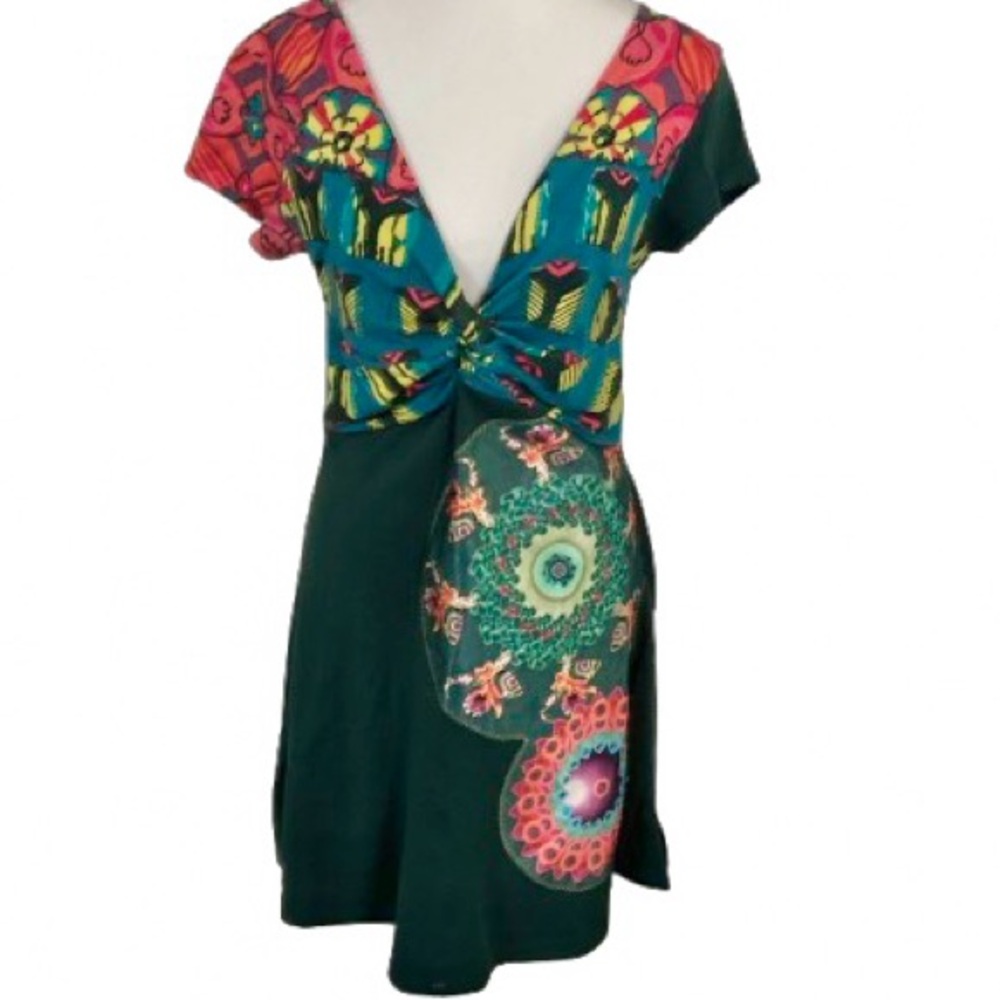 Desigual Boho Medallion Dress Colorful Green Patterned V-Neck Dress Vintage LG